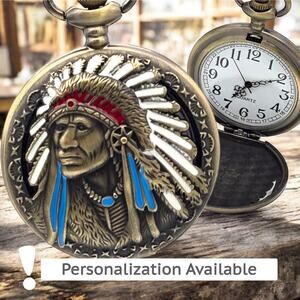 Tribal Chief Pocket Watch - Native American Art, Indian Motorcycle Gift Keepsake